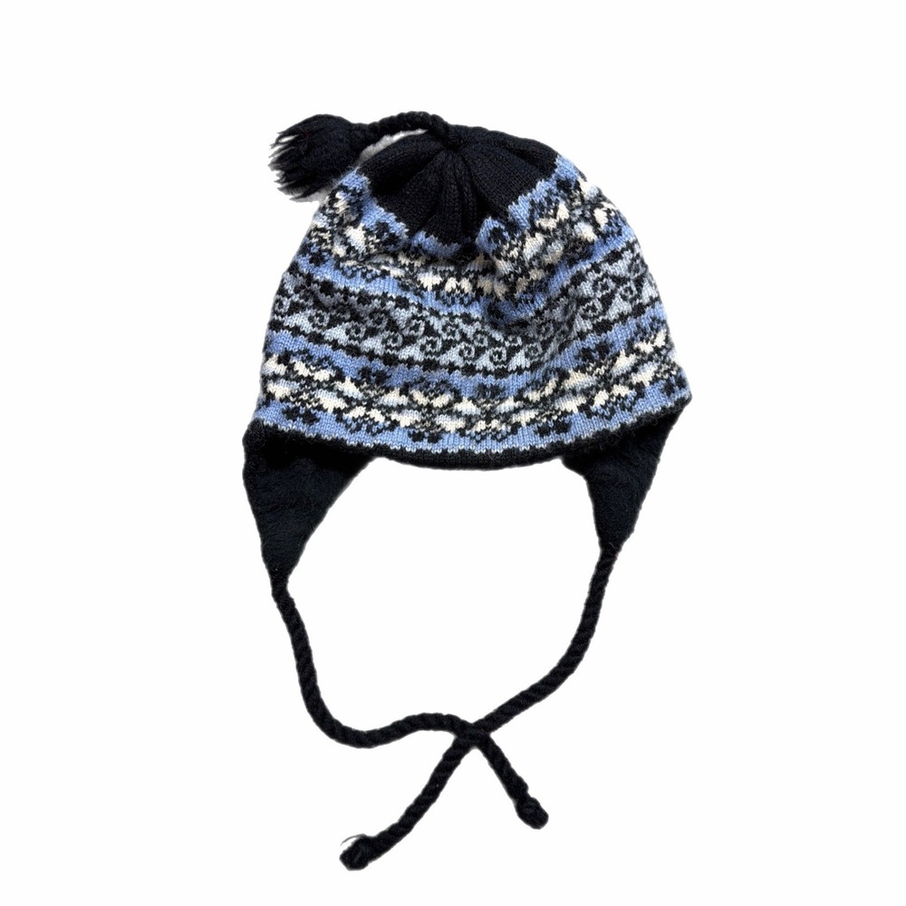 Turtle Fur Wool Earflap Beanie Blue Black Fair Isle Knit Tassel Trapper Hat